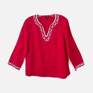 TALBOTS Red/White Embroidery 3/4 Sleeve Linen Blouse Tunic Top Size SMALL Petite